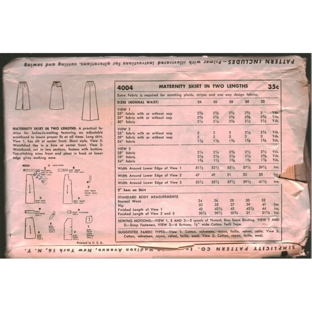 Vintage Simplicity 4004 Maternity Skirt Pattern 1950 Two Length Adjustable Waist